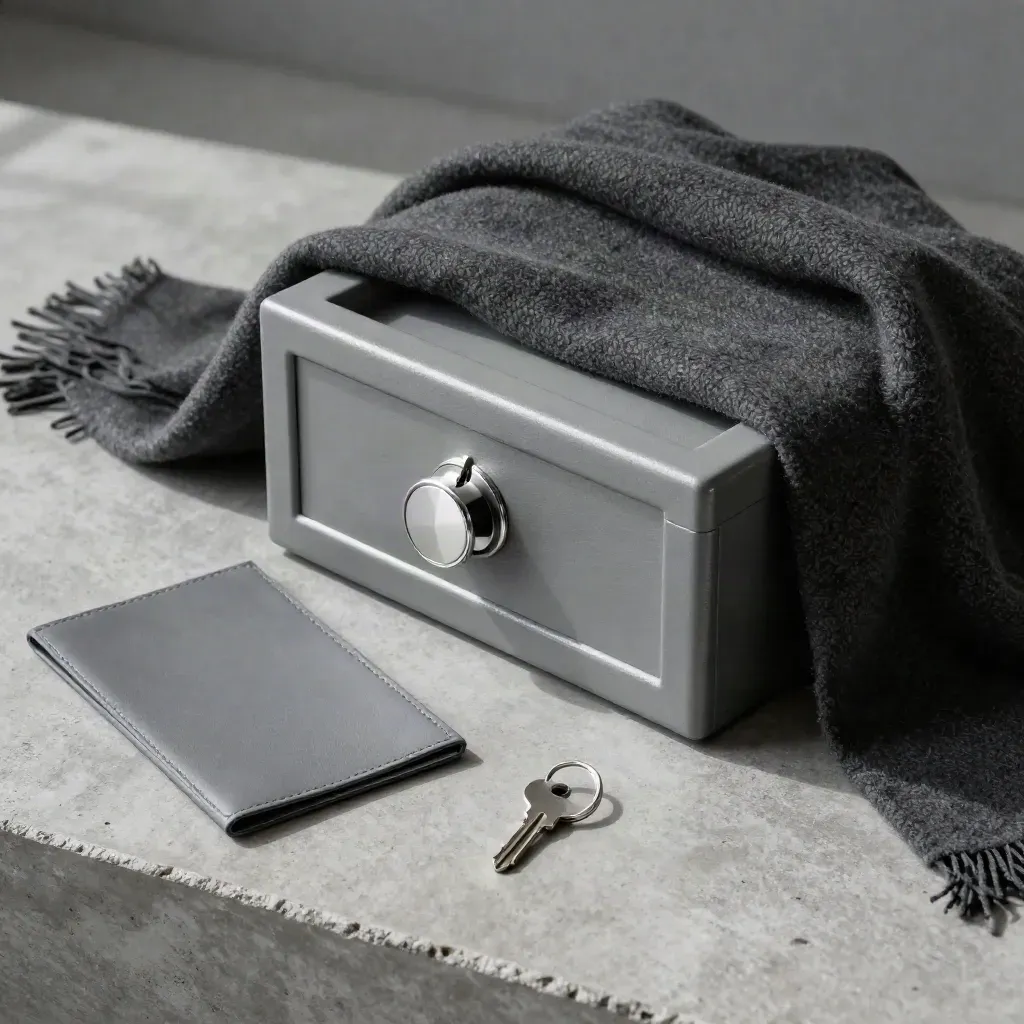 Top-down flatlay of a safe under charcoal wool with key ring and sleeve