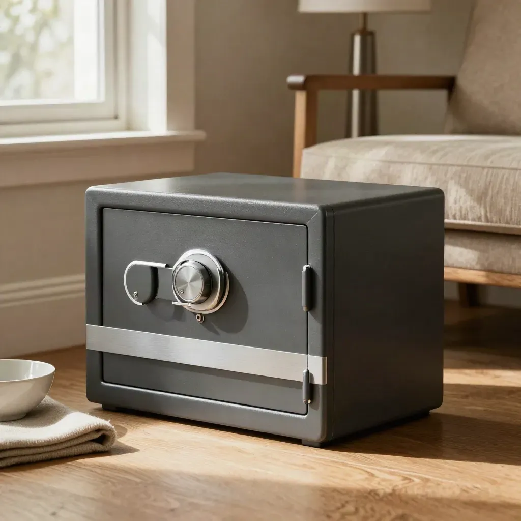 Fireproof safe with document case in a stylish family-room corner