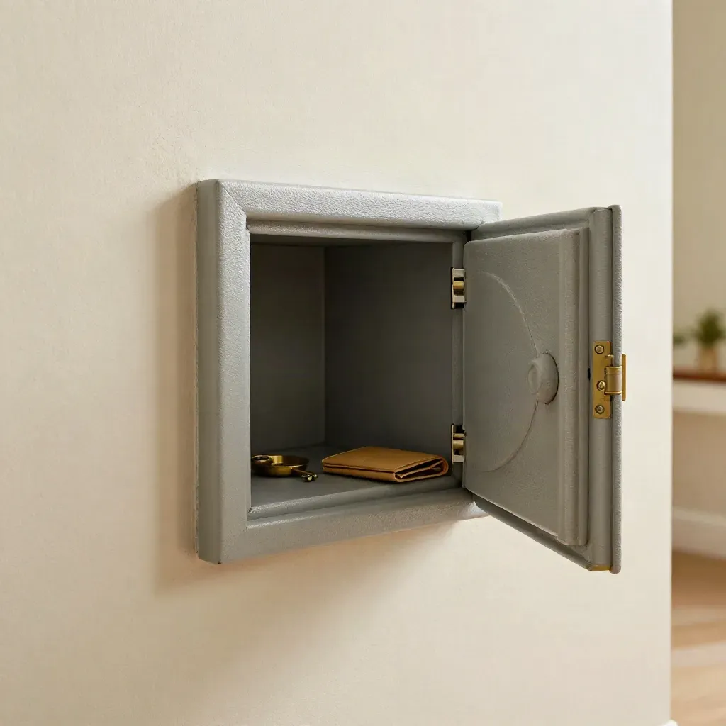 Half-open wall safe in pale plaster beside a brass dish and folded wallet