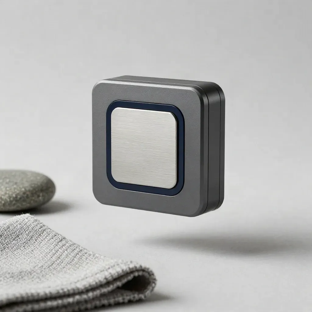 Floating biometric lock box with stone puck and microfiber cloth on a pale studio field