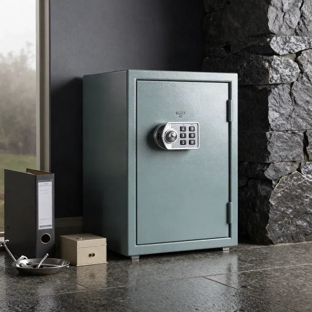 Low-angle safe hero with folder, jewelry box and anchors on a wet stone threshold at dawn.