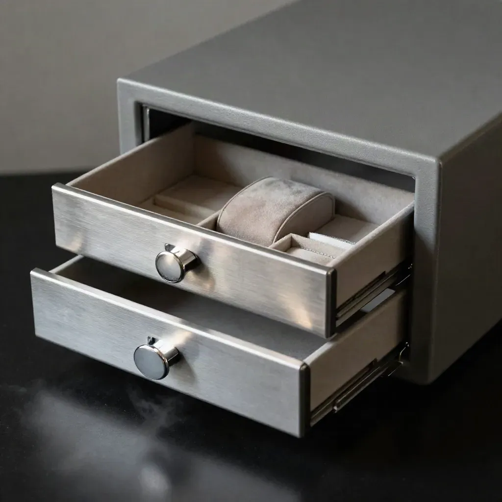 Open jewelry drawer safe with tray, watch cushion and velvet inserts on a dark studio surface.