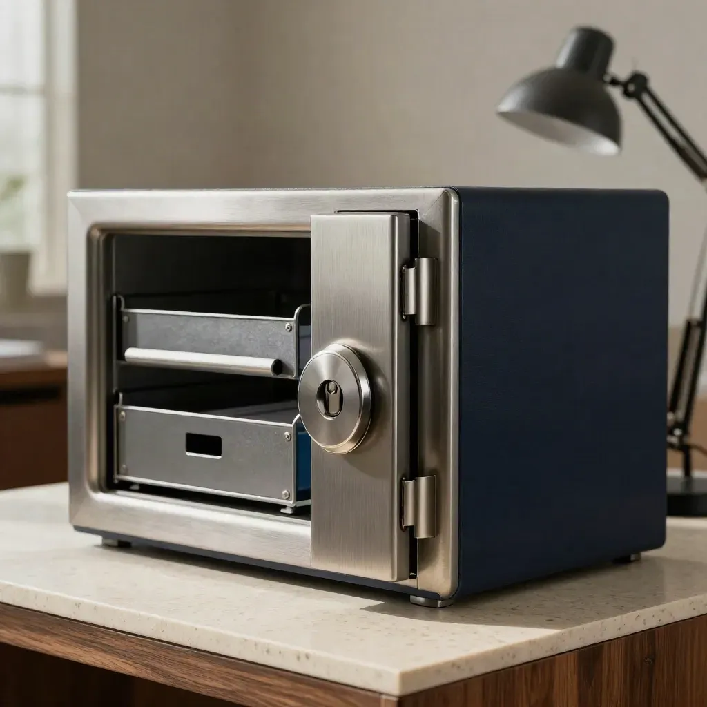 Compact office vault beside binders and a file tray in a calm, hazy office alcove.