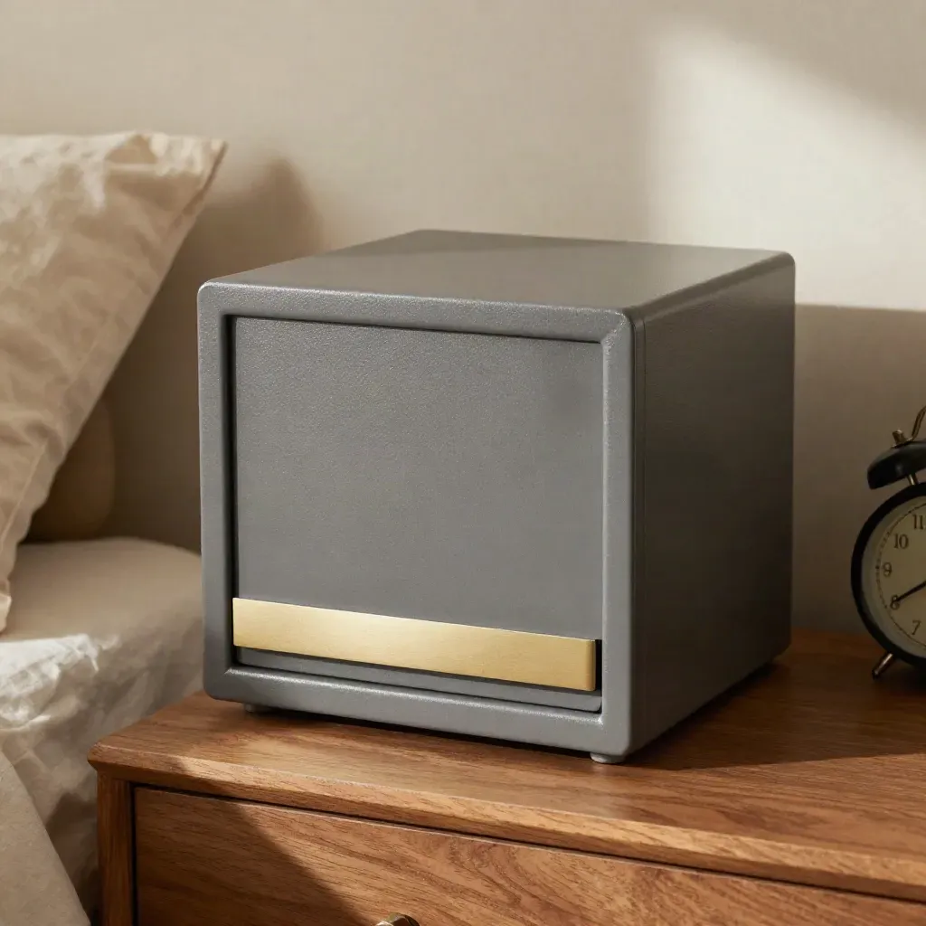 Unbranded bedside safe beside linen, lamp base, and alarm clock silhouette in a calm walnut vignette.