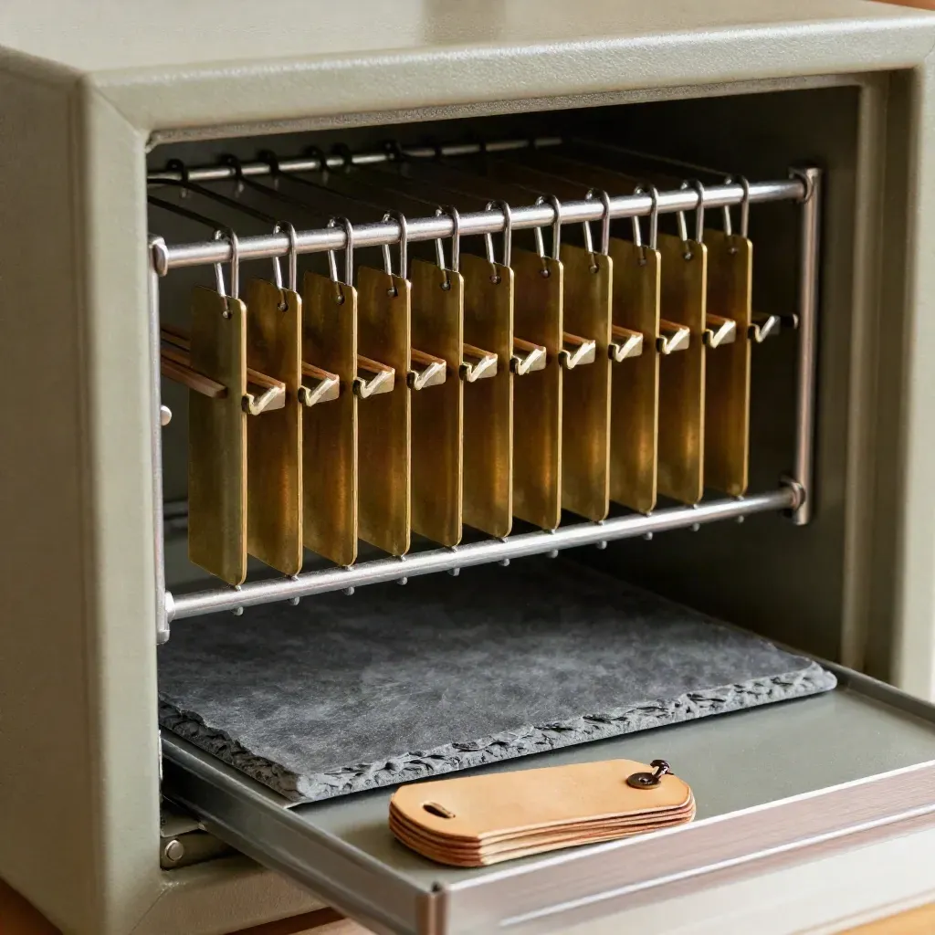 Open key cabinet safe with brass hooks, slate tray and leather tag stack in close-up.