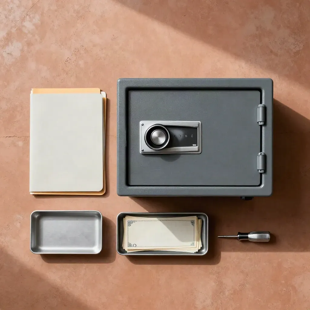 Overhead home safe flatlay with folders, cash tray and steel tool case on terracotta concrete.