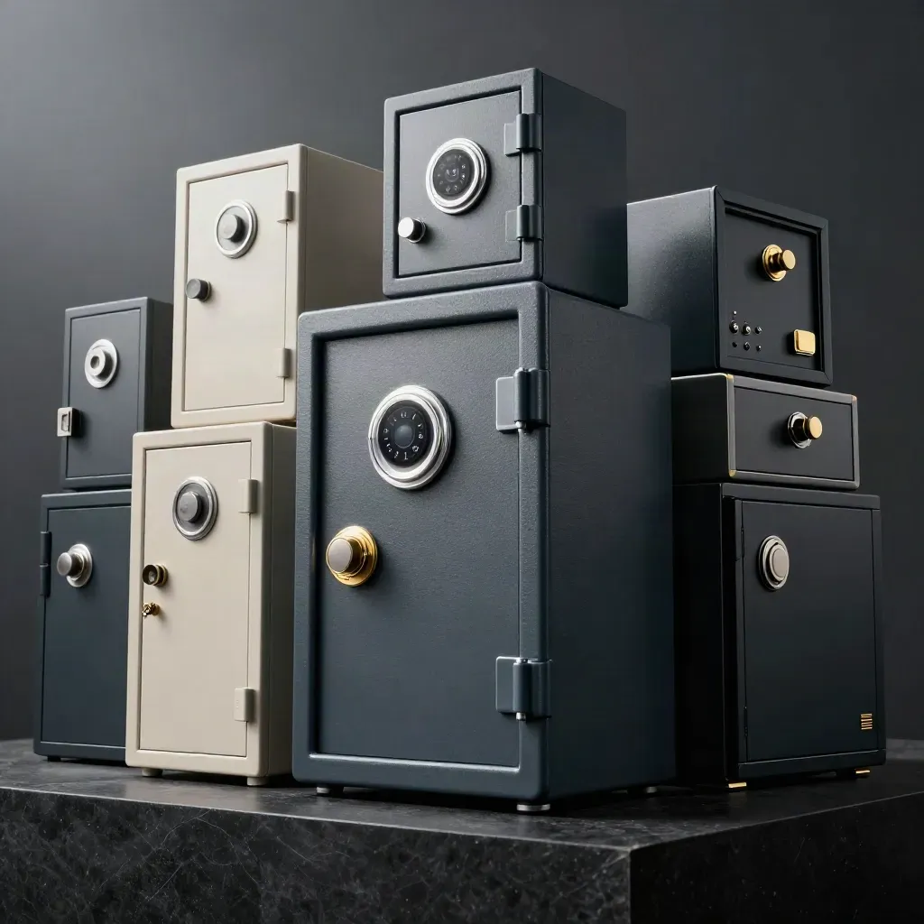 Stack of premium safes and lock boxes in a dramatic studio product shot.