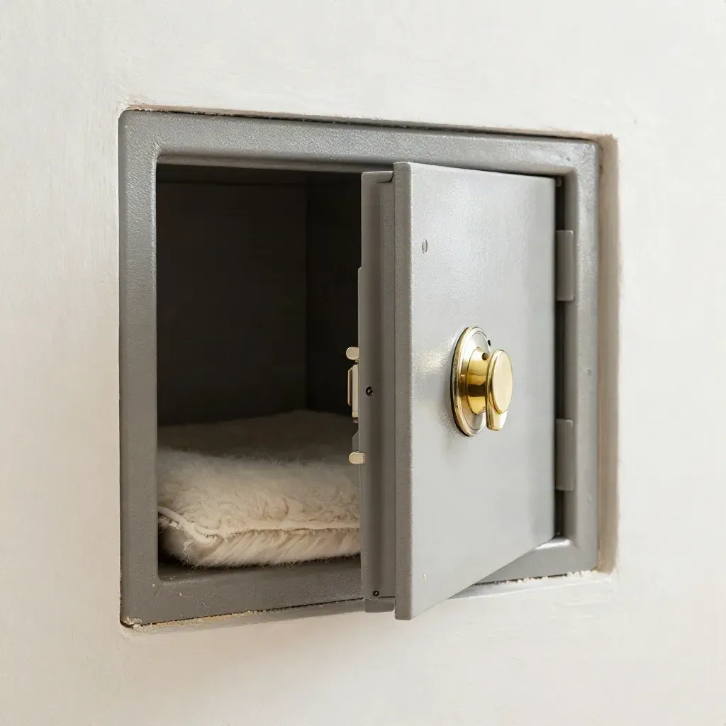 Macro of a compact wall safe partly open in a plaster recess beside a wool pad.