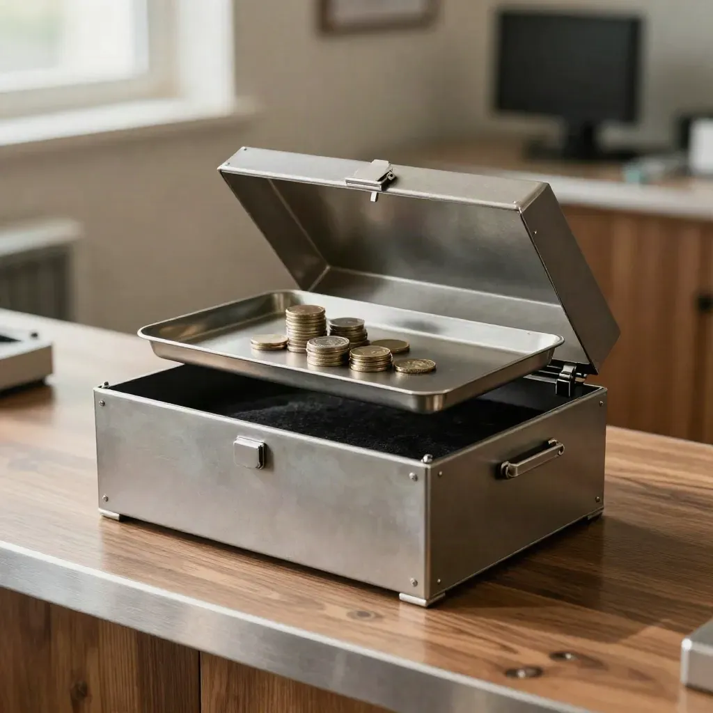 Open steel cash box with tray, coin stacks and felt liner on a walnut counter