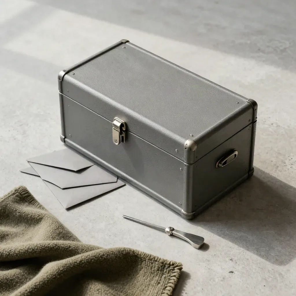 Overhead flatlay of a fireproof document chest with sleeves, blanket, and latch tool on pale stone.