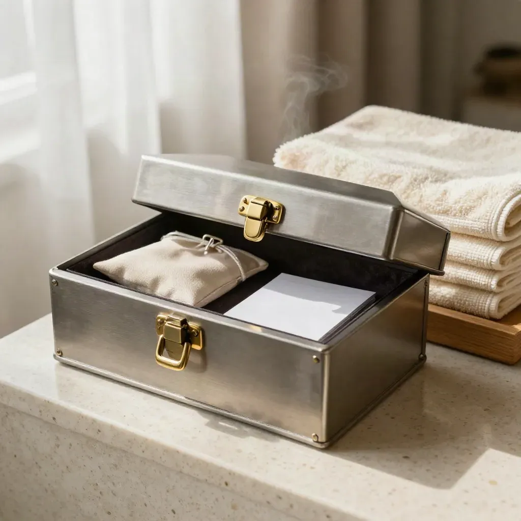 Hotel-style lock box with towel stack and travel pouch on a calm suite ledge.