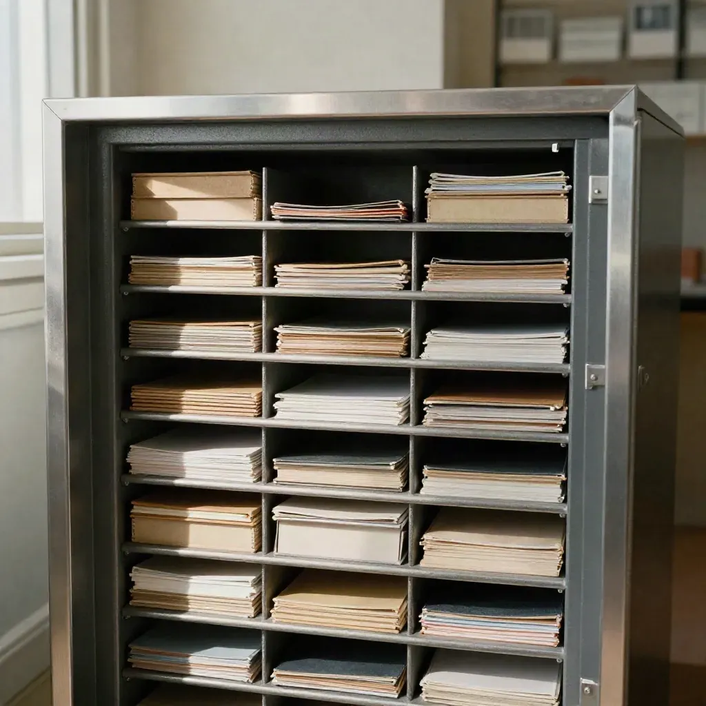 Opened office file vault with steel dividers, closed binders and brushed shelf edge in calm haze.