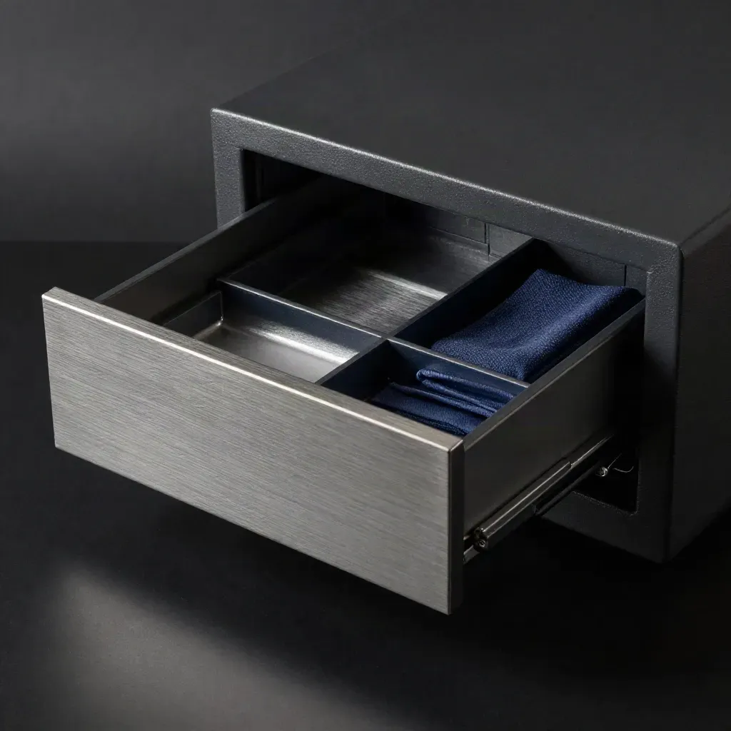 Unbranded biometric drawer safe sliding open with tray and folded cloth in a dark studio.