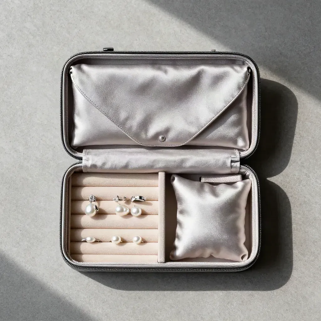 Top-down flatlay of an unbranded jewelry travel case with pouch, silk wrap, and ring cushions.