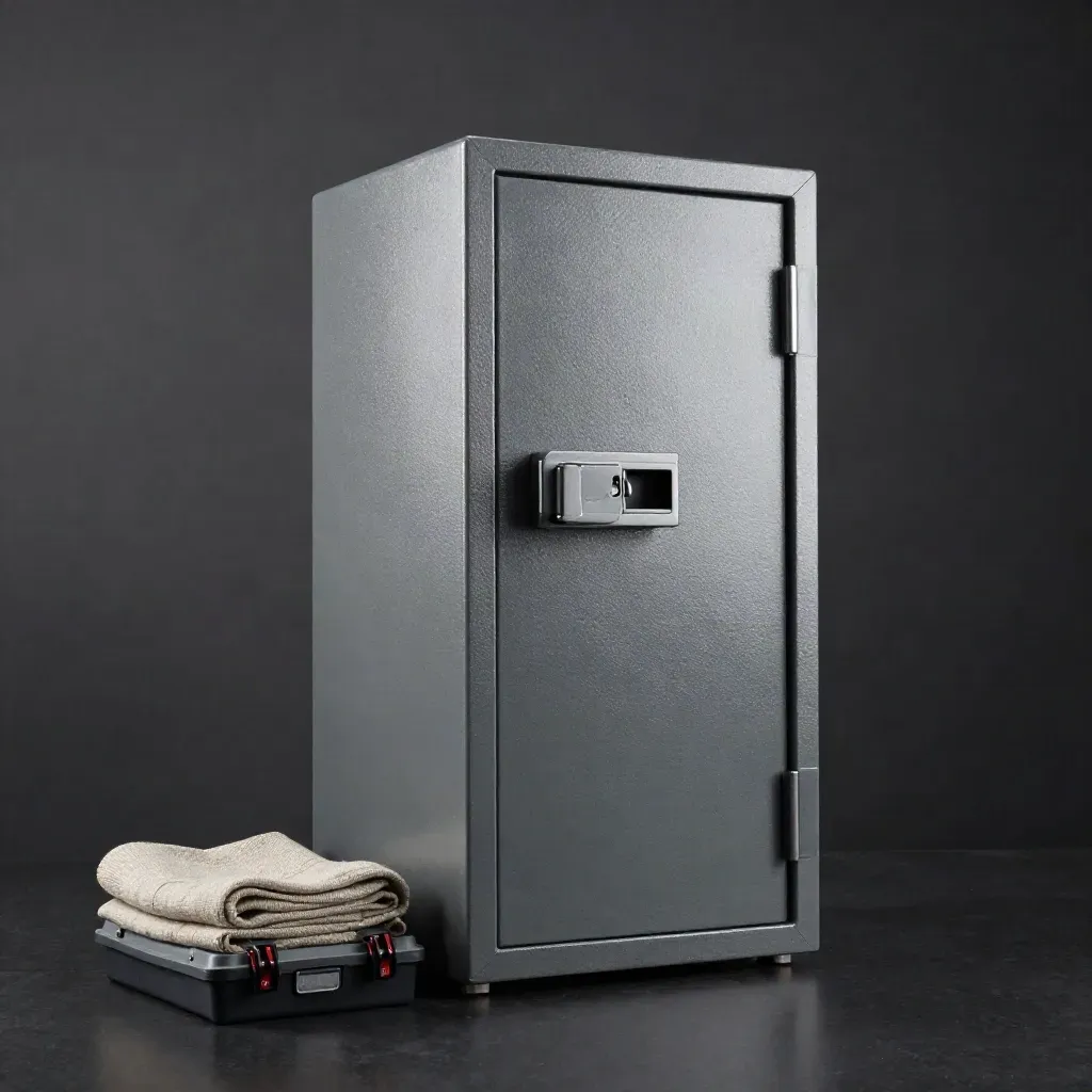 Tall home safe beside a tray, folded blanket, and hardware box in a dark studio.