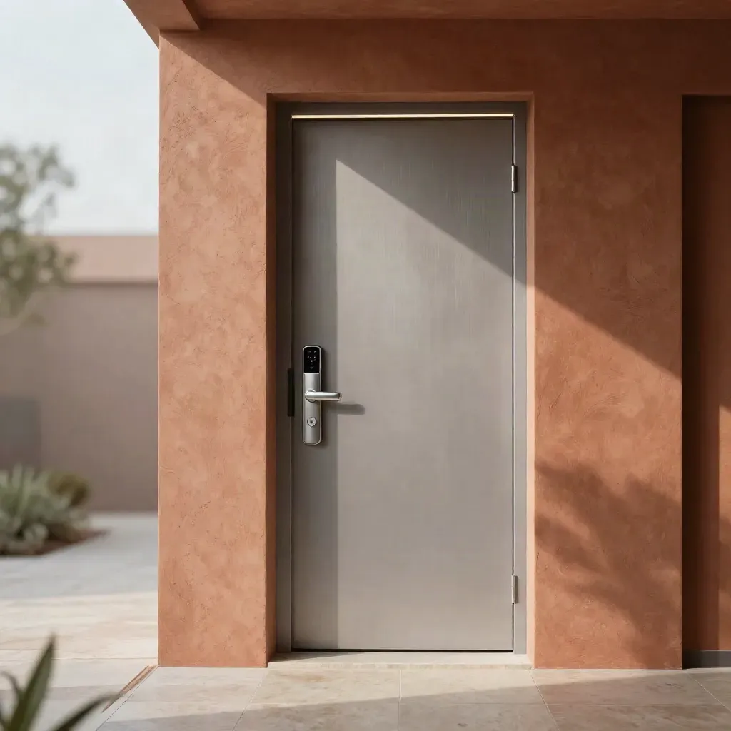 Sunlit modern corridor with a biometric lock on a matte door and calm floor space below.
