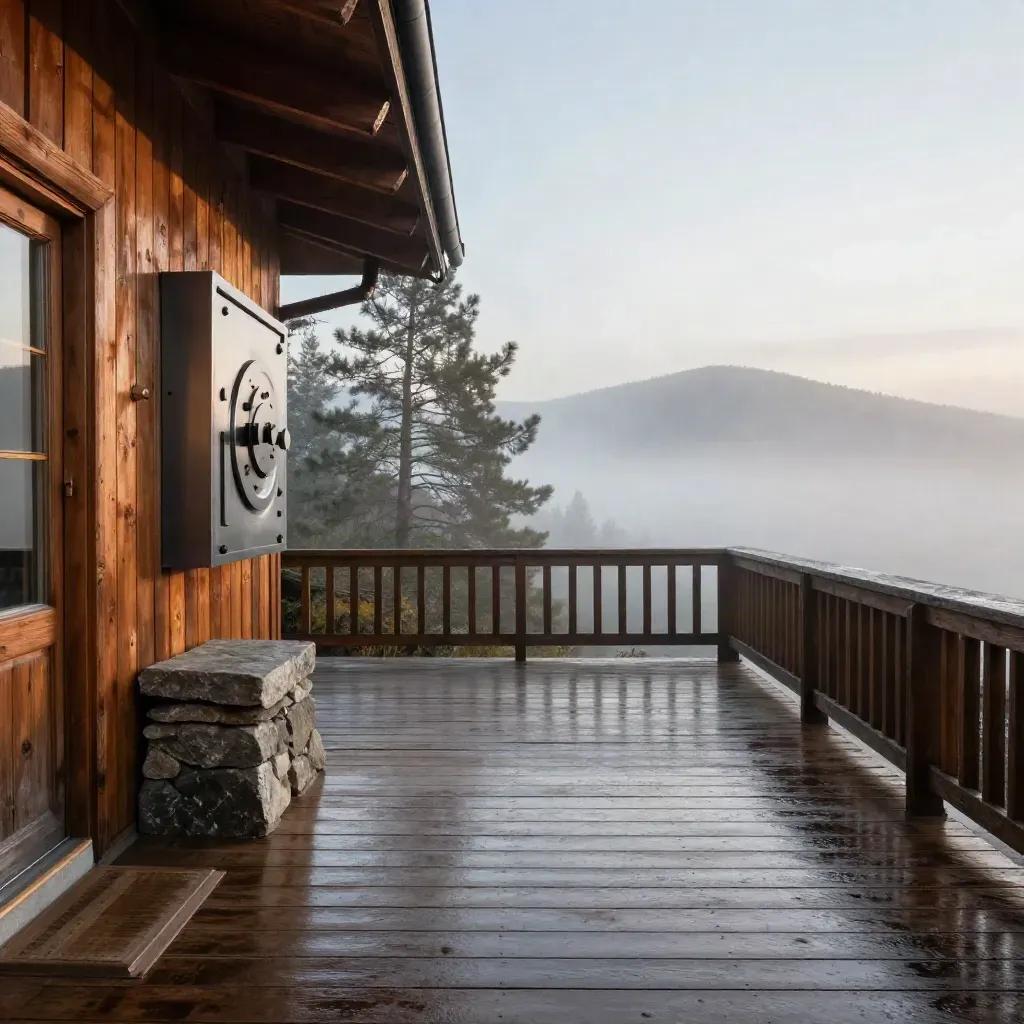 Cedar deck above misty pines with a stone plinth and subtle vault silhouette at blue hour.